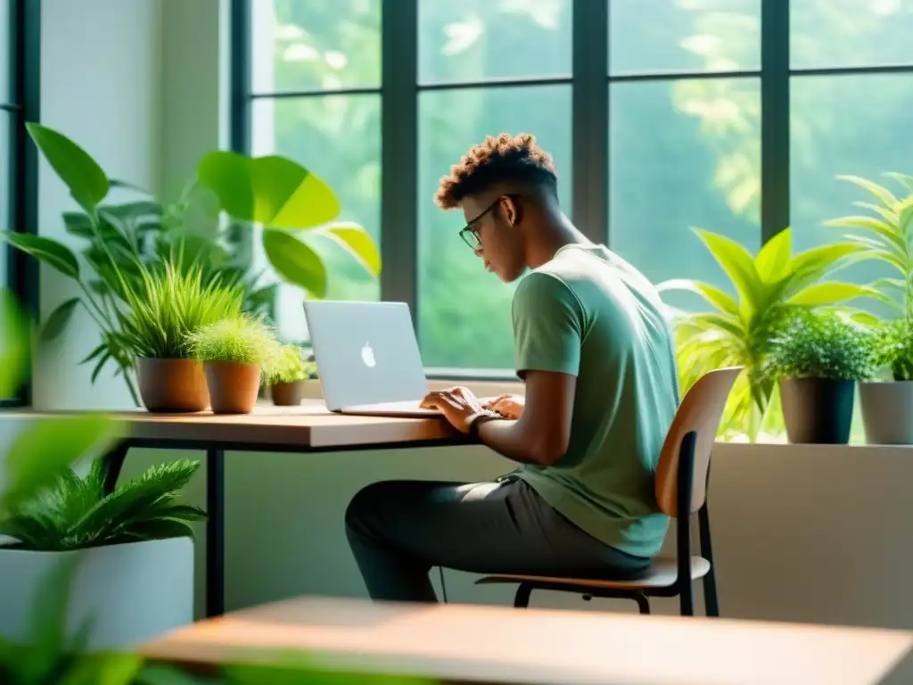 Un ambiente sereno de estudio con una persona y laptop, rodeado de plantas verdes y luz natural en Uruguay