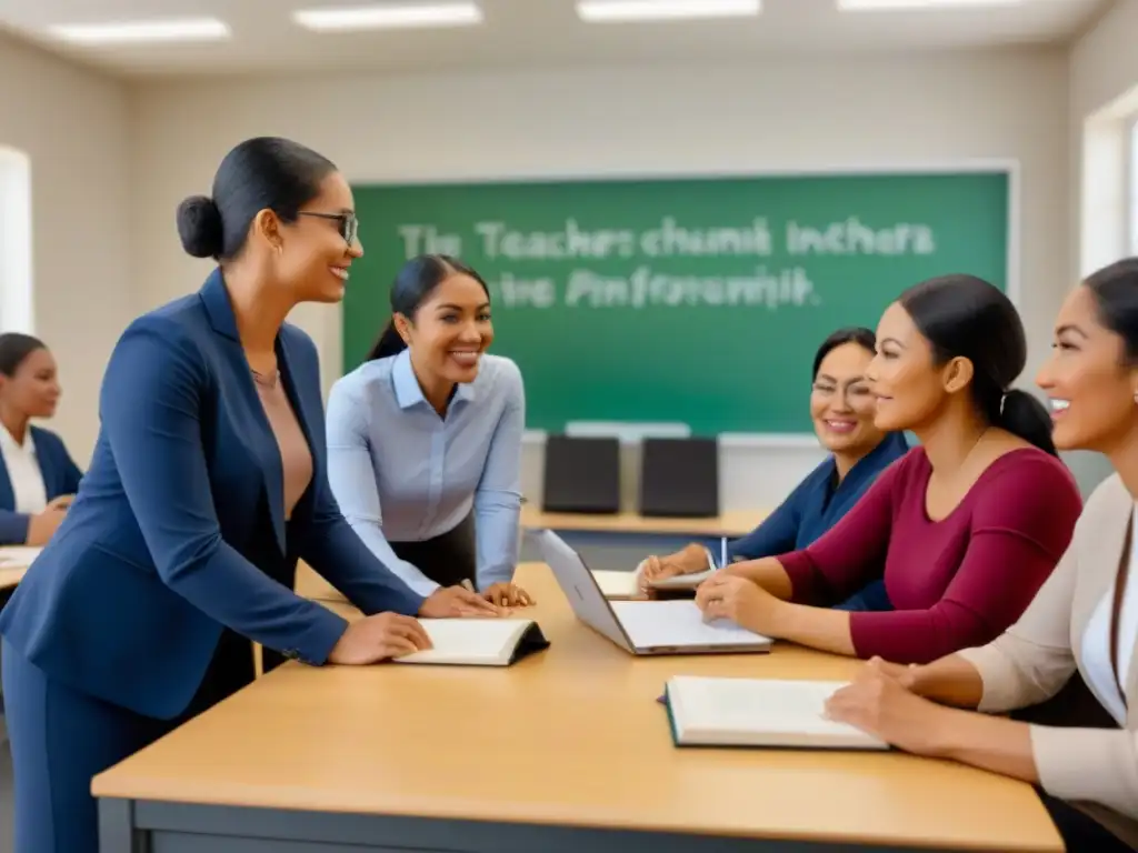 Un ambiente sereno y minimalista con docentes colaborando en un aula moderna, simbolizando el desarrollo profesional en programas bilingües