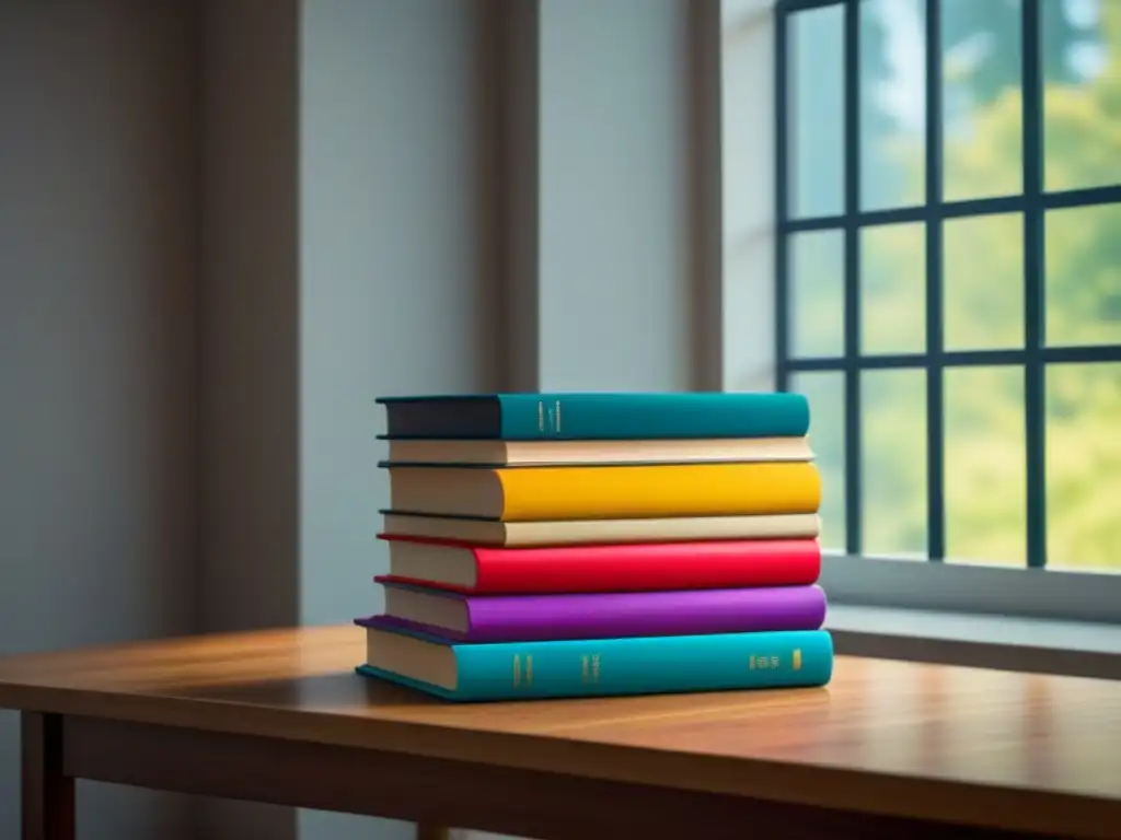 Un ambiente sereno y minimalista con libros de colores apilados en un escritorio de madera, iluminados por luz natural