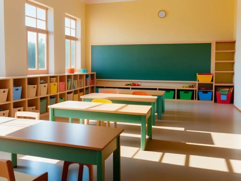 Ambiente sereno de aula Montessori en Uruguay, con muebles y materiales educativos para aprendizaje independiente