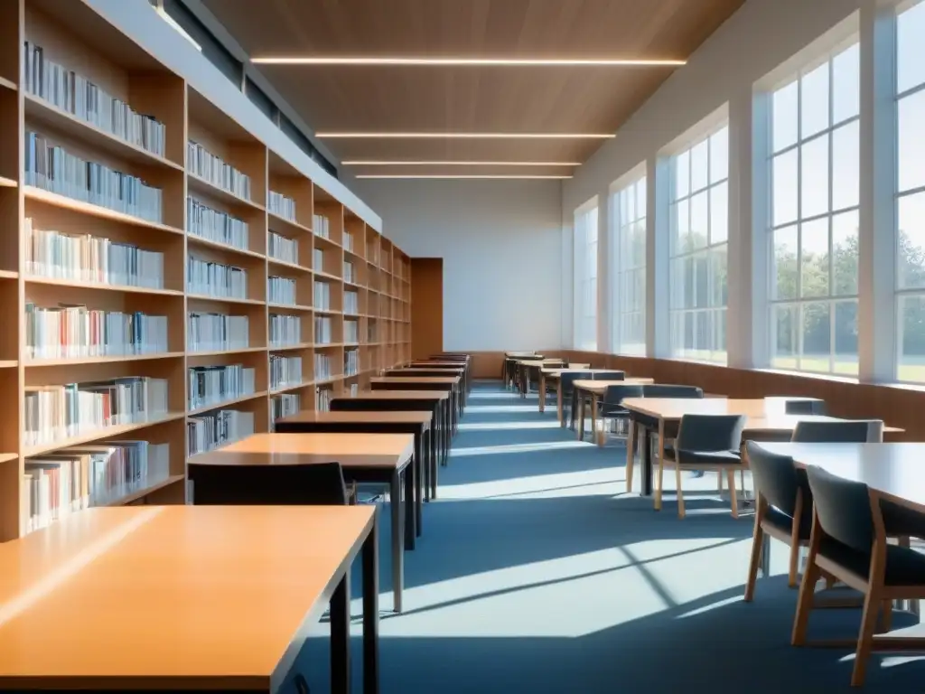 Un ambiente tranquilo y sereno en una biblioteca, con estudiantes concentrados en sus estudios