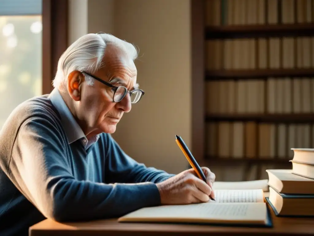 Un anciano concentrado escribiendo en su escritorio, rodeado de libros y papeles