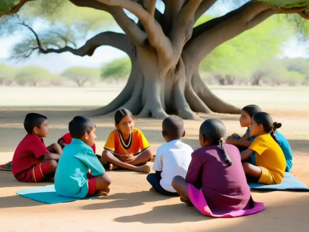 Un anciano indígena cuenta historias a niños bajo un árbol, creando un ambiente de educación y desarrollo integral