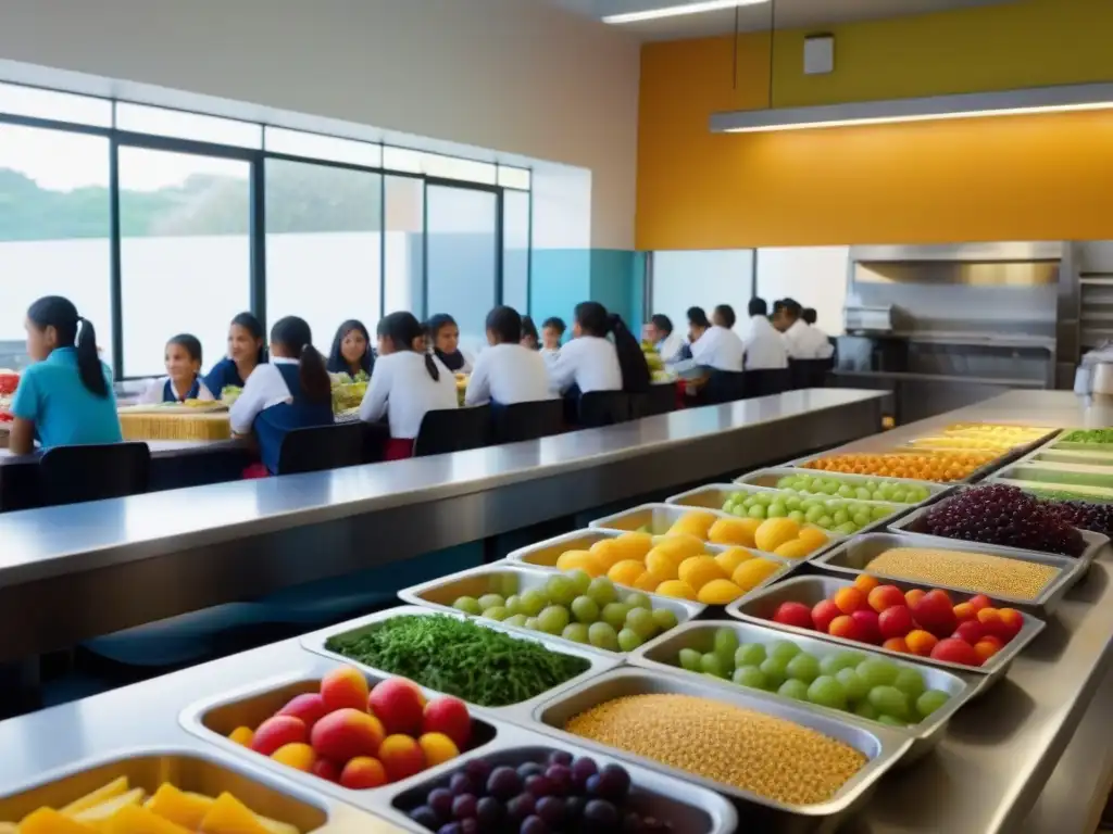 En una animada cafetería escolar en Uruguay, estudiantes disfrutan de comidas nutritivas y locales, en un ambiente de nutrición sostenible