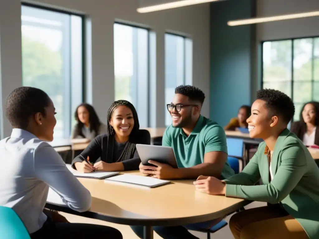 Animada discusión de estudiantes en aula moderna con luz natural