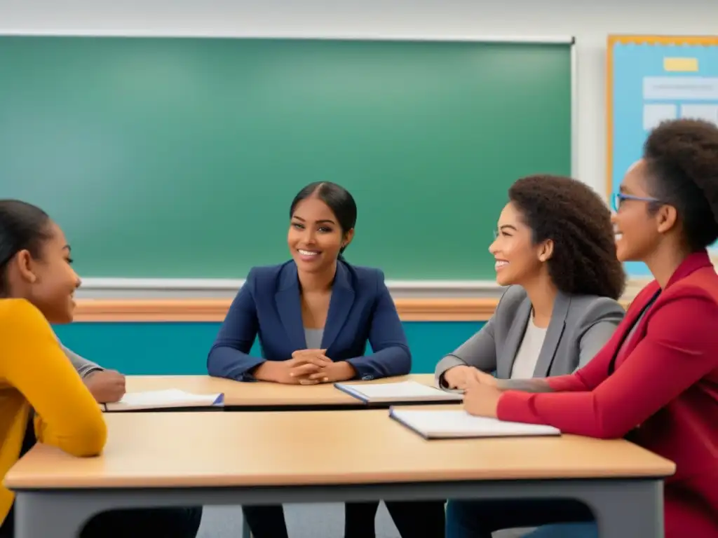 Animada discusión entre estudiantes diversos en aula moderna