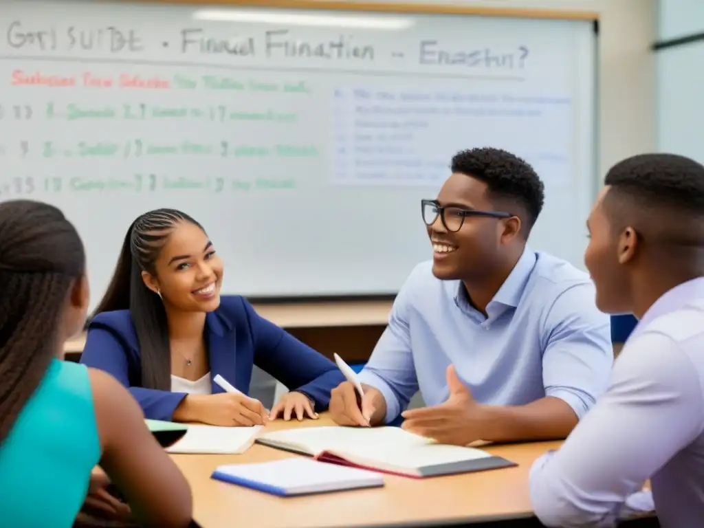 Un animado debate sobre educación financiera para jóvenes en Uruguay, en un aula moderna con conceptos financieros en la pizarra