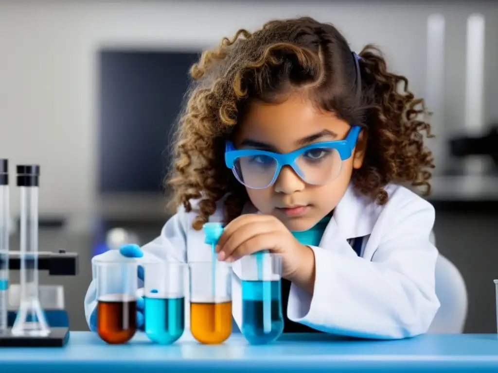 Niña uruguaya de 10 años en laboratorio STEM, vierte líquido azul en tubo de ensayo, rodeada de instrumentos científicos