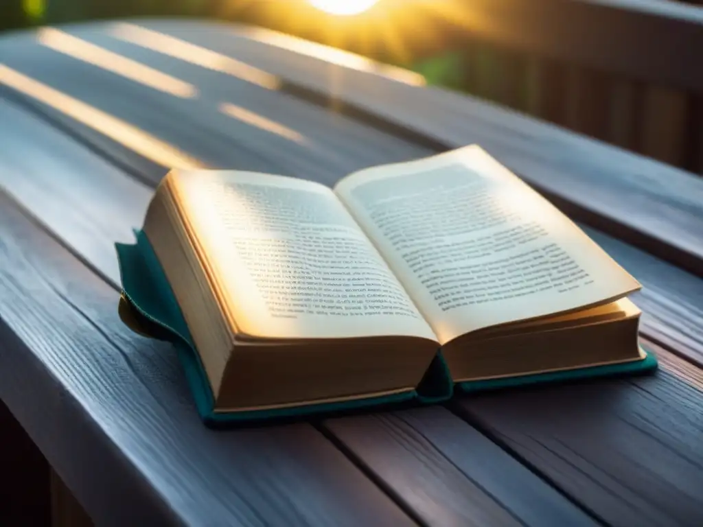 Una antigua biblioteca en un escritorio de madera, iluminada por un rayo de sol