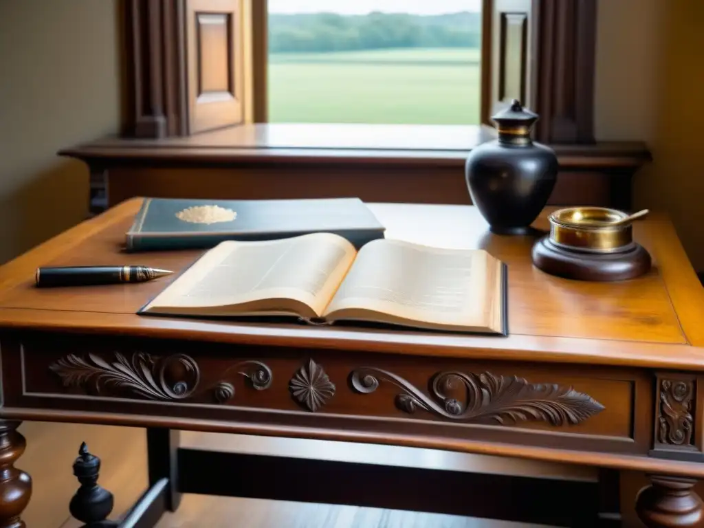 Antigua escritorio de madera con libro, pluma, tintero y lentes, iluminado por una ventana