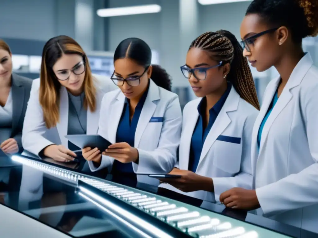 Apoyo a mujeres STEM en universidades de Uruguay: Grupo diverso de estudiantes colaborando en laboratorio universitario