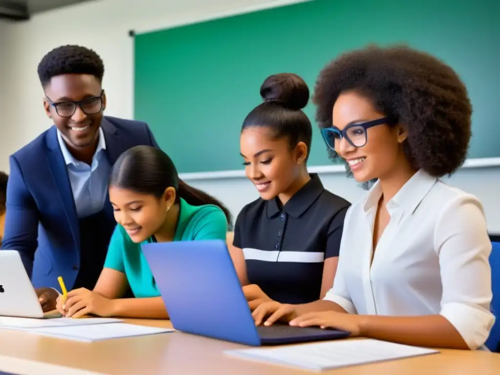 Aprendizaje Basado en Proyectos Uruguay: Estudiantes diversos colaborando en aula moderna con tecnología y proyectos prácticos