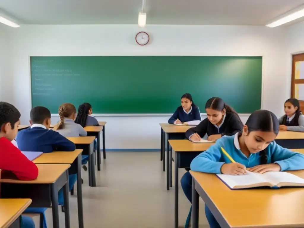 Aprendizaje Basado en Proyectos en un aula moderna y luminosa de Uruguay, con estudiantes diversos colaborando y mostrando creatividad