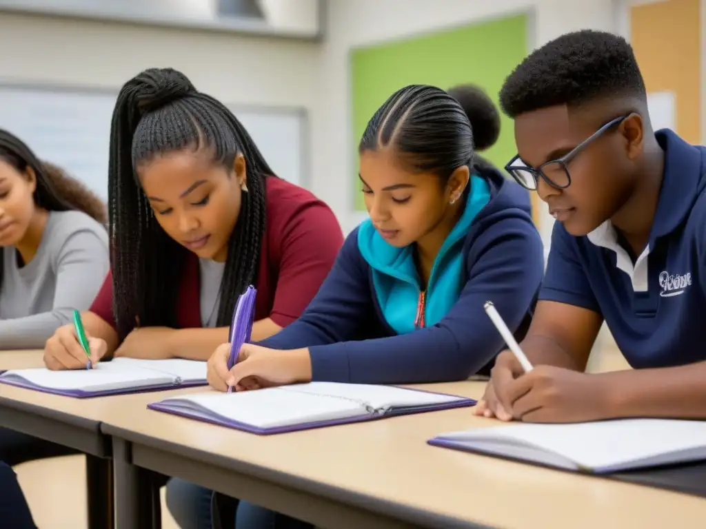 Aprendizaje Basado en Proyectos Uruguay: Estudiantes diversos colaborando activamente en aula equipada y dinámica