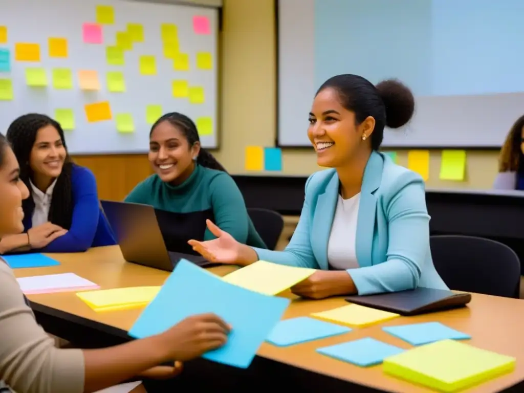 Aprendizaje Basado en Proyectos en Uruguay: Estudiantes colaborando en un proyecto en aula, ambiente dinámico y creativo