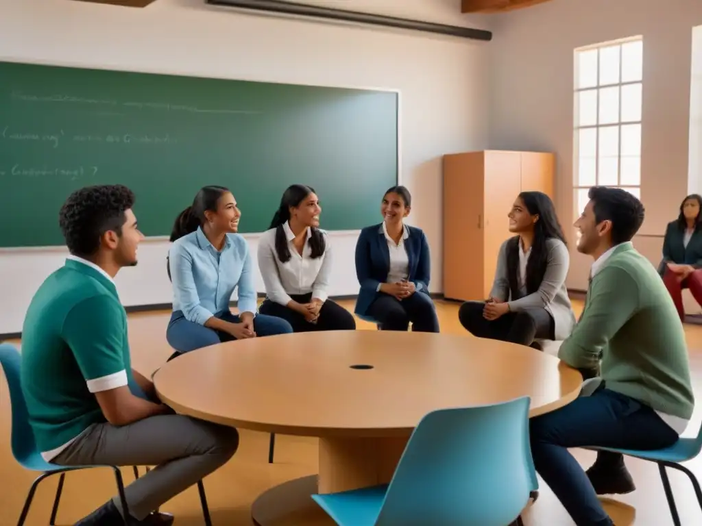 Aprendizaje colaborativo en Uruguay: Estudiantes diversos participando en animada discusión en aula moderna