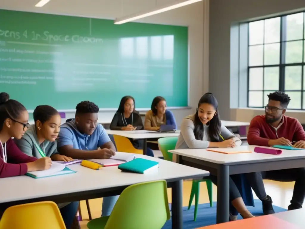 Aprendizaje colaborativo en aula moderna con estudiantes diversos enfocados en proyectos educativos