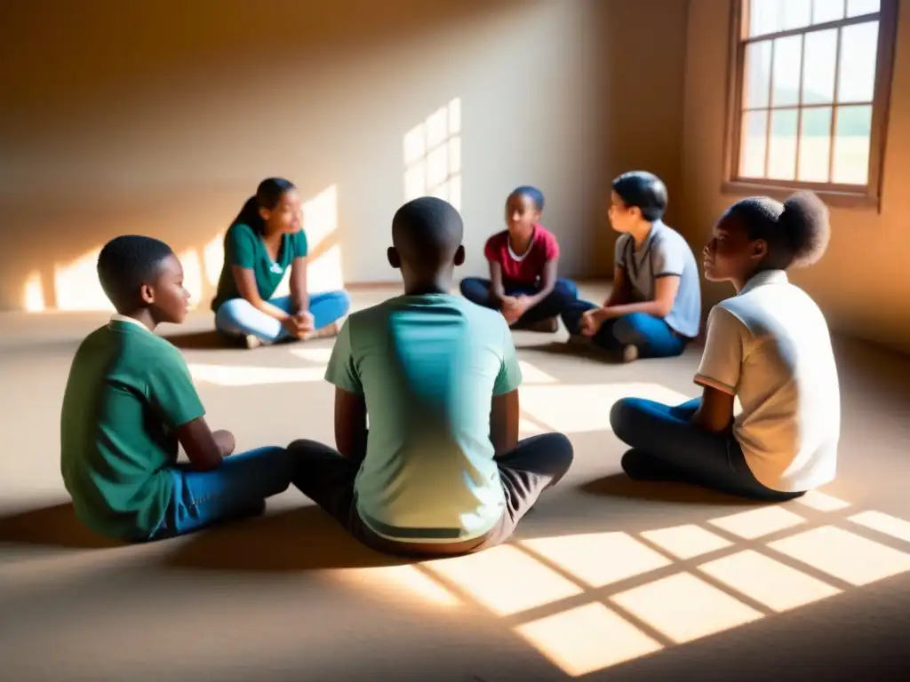 Aprendizaje colaborativo en aula rural: estudiantes diversos en círculo, aprendiendo juntos con luz cálida y ambiente tranquilo