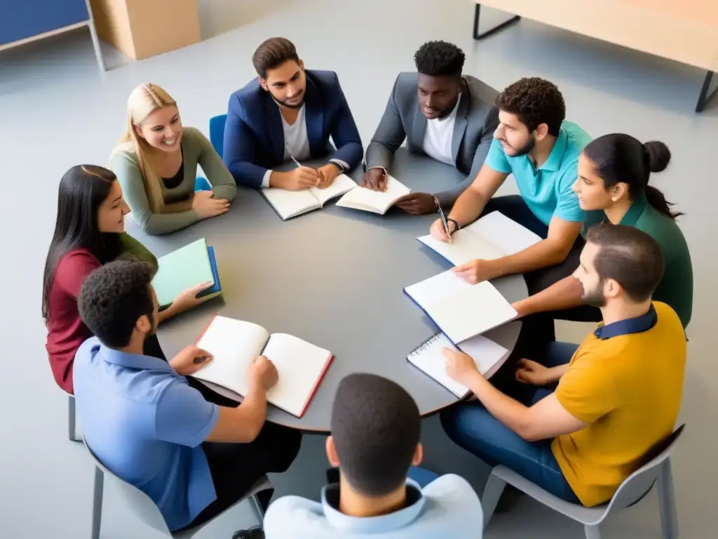 Aprendizaje colaborativo en Uruguay: Estudiantes diversas comparten ideas en un aula moderna y luminosa