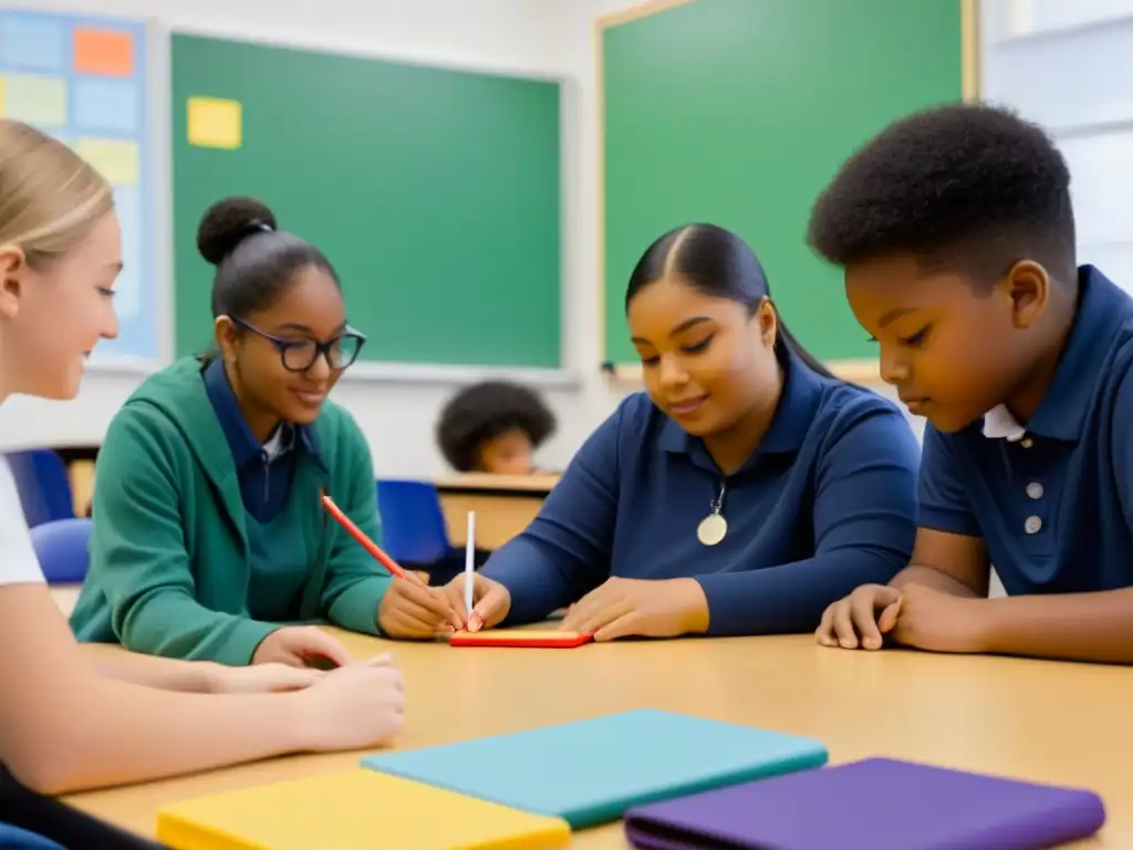 Aprendizaje inclusivo en educación especial: Estudiantes diversos colaboran en armonía en aula con tecnología educativa