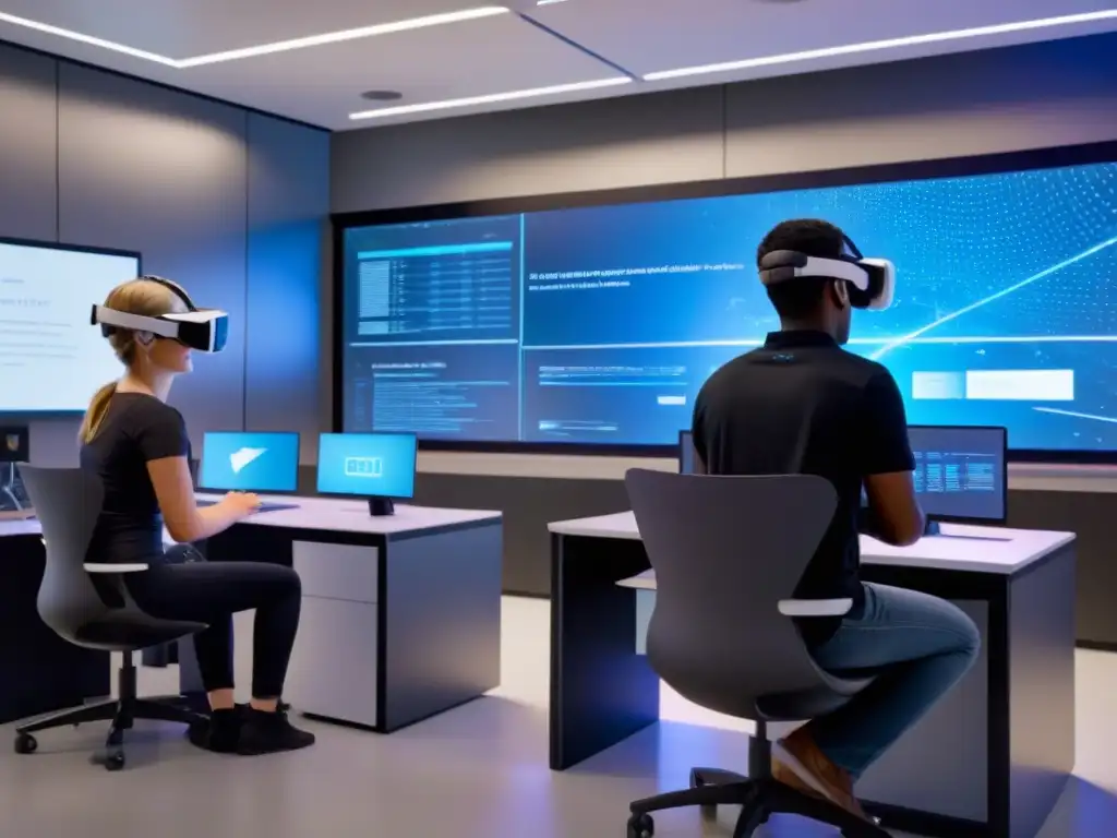 Lab virtual de ciencia: estudiantes colaboran con hologramas Aprendizaje interactivo en Uruguay: Estudiantes colaborando en un laboratorio virtual futurista con hologramas y tecnología avanzada