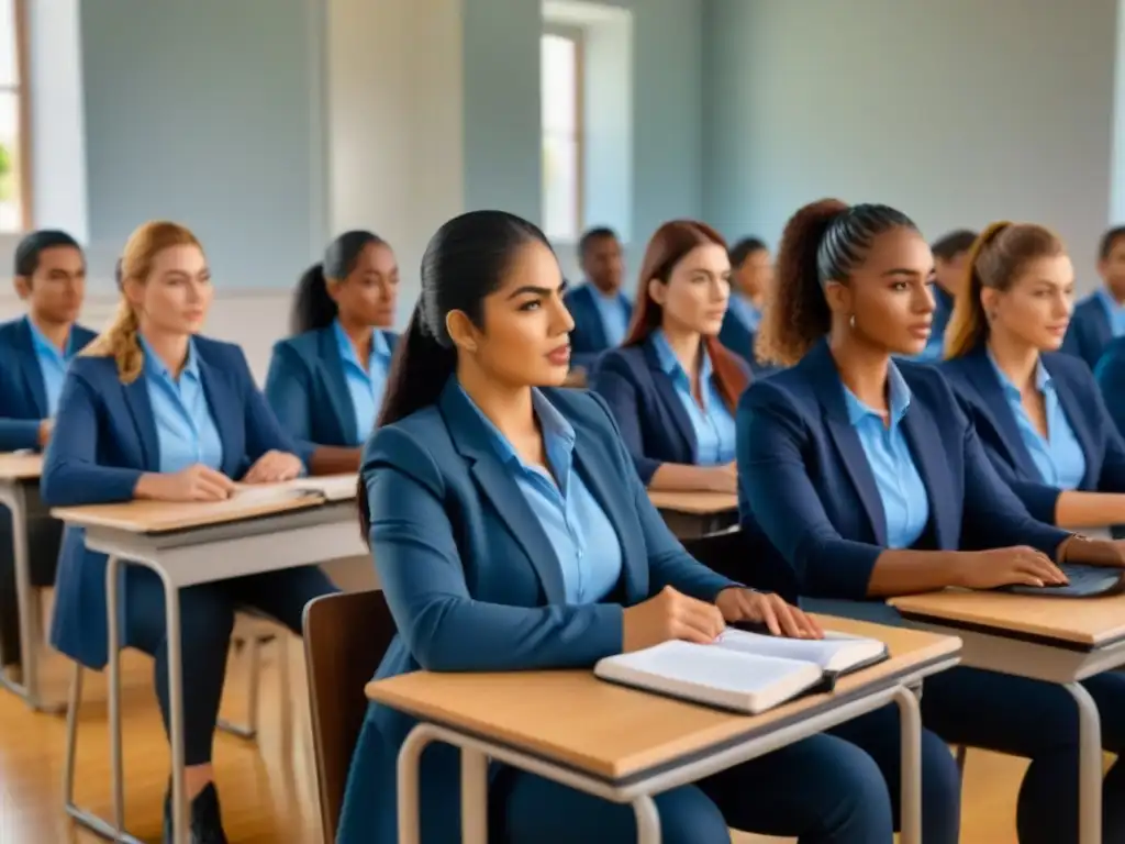 Aprendizaje personalizado en Uruguay: Estudiantes diversos en aula moderna con tecnología educativa innovadora