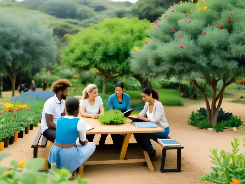 Aprendizaje Servicio en Uruguay: Grupo diverso colabora en jardín comunitario, rodeados de naturaleza y herramientas educativas