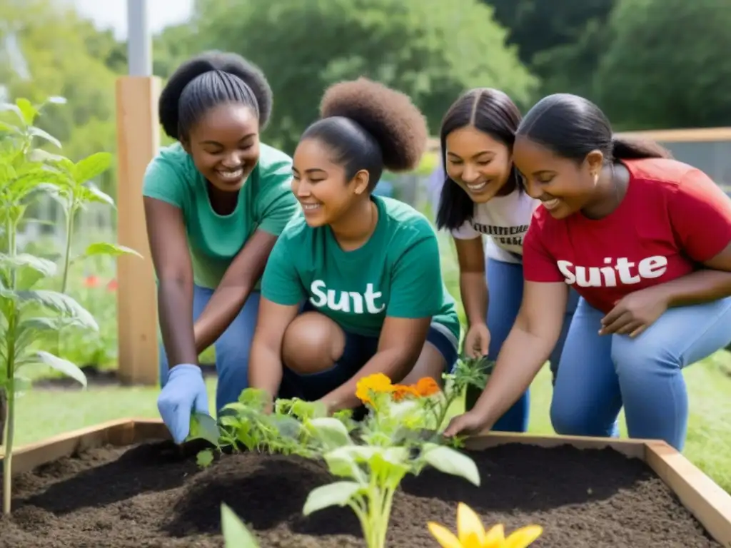 Aprendizaje Servicio en Uruguay: Estudiantes diversos trabajan juntos en un jardín comunitario, plantando árboles y flores bajo el sol brillante