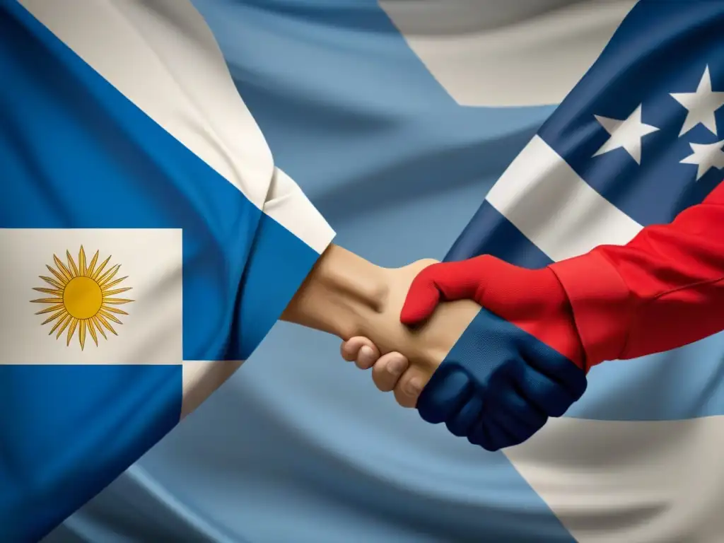 Un apretón de manos simbólico entre las banderas de Uruguay y Finlandia, representando la cooperación educativa y excelencia