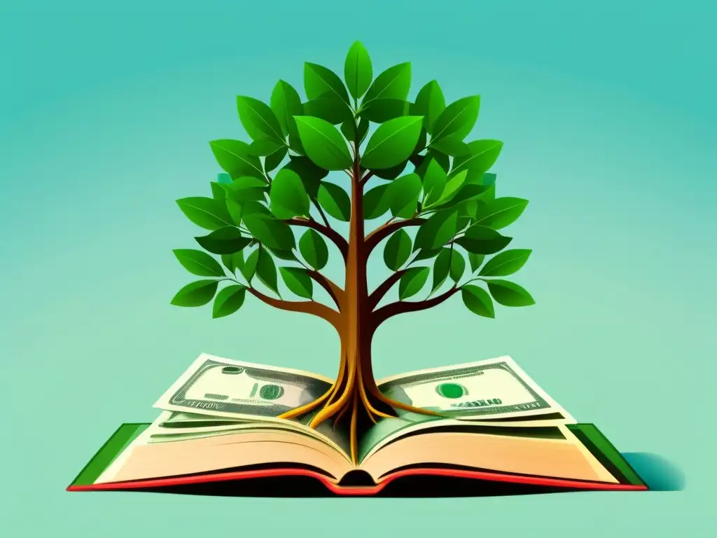 Un árbol de dinero y conocimiento en un libro, con hojas de pesos uruguayos y raíces en forma de bombillas