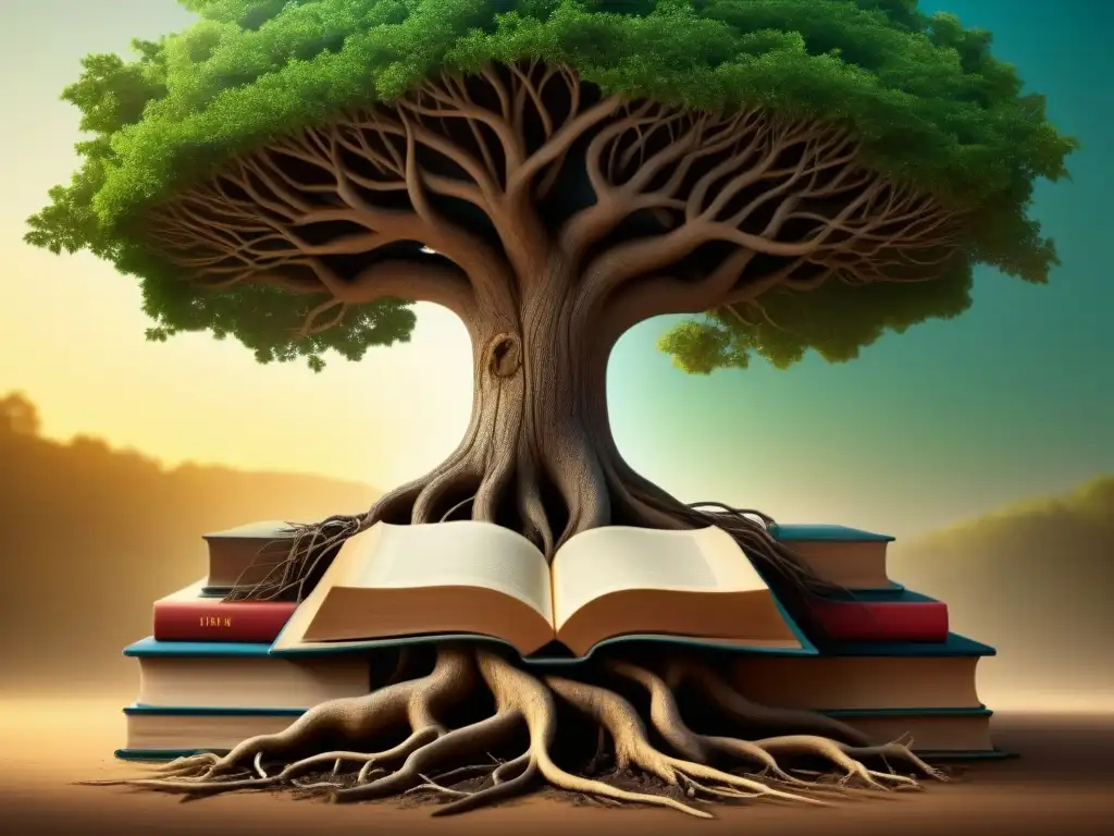 Un árbol intrincado con raíces entrelazadas con libros, simbolizando el crecimiento y conocimiento en una comunidad educativa bilingüe