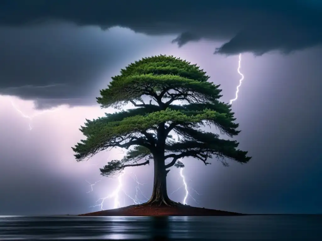 Un árbol resistente enfrenta la tormenta, simbolizando la resiliencia en educación a distancia