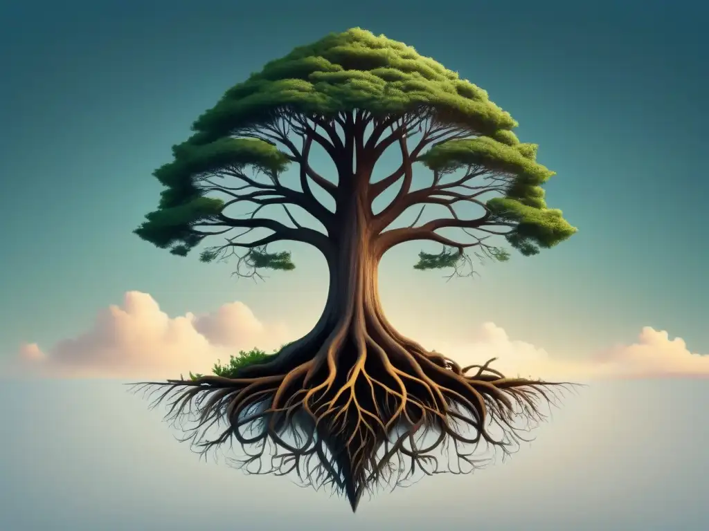 Un árbol robusto con raíces profundas simboliza la resiliencia en educación a distancia, destacando fuerza y crecimiento