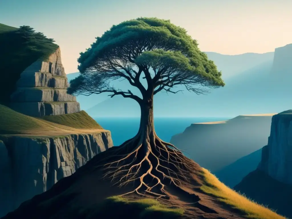 Un árbol solitario en un acantilado, con raíces profundas, simbolizando resiliencia