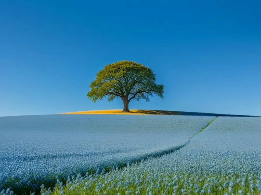 Un árbol solitario destaca en un campo extenso bajo un cielo azul, simbolizando resiliencia en educación Uruguay