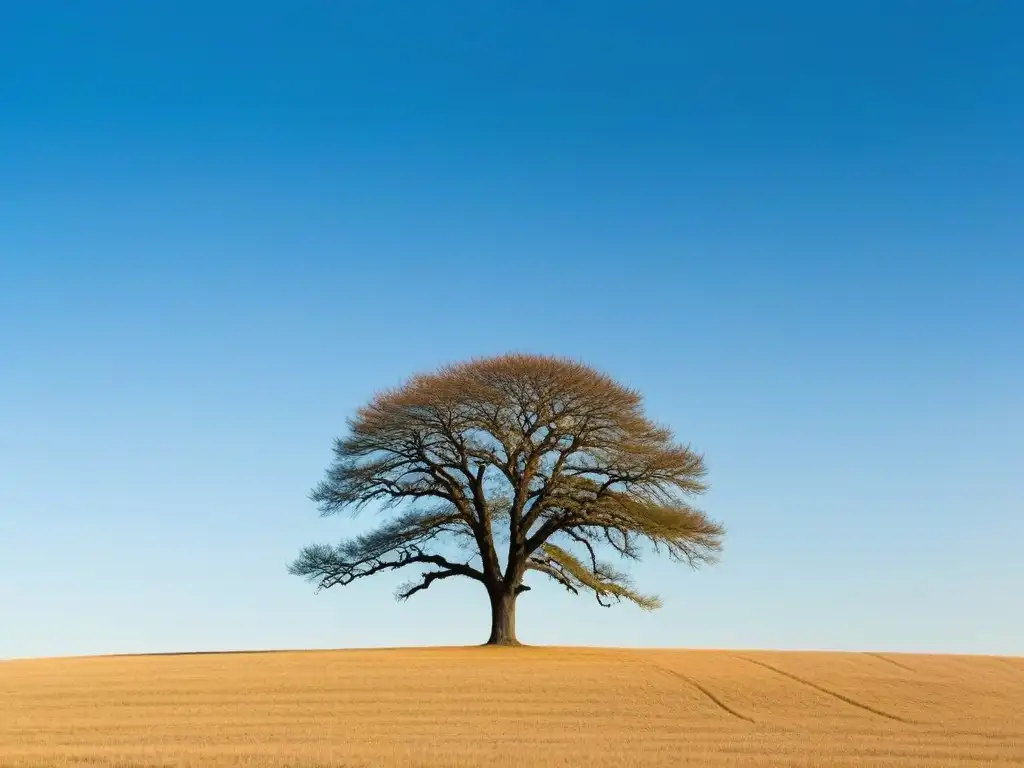 Un árbol solitario destaca en un campo vacío bajo un cielo azul, simbolizando la fuerza y la formación del carácter en educación