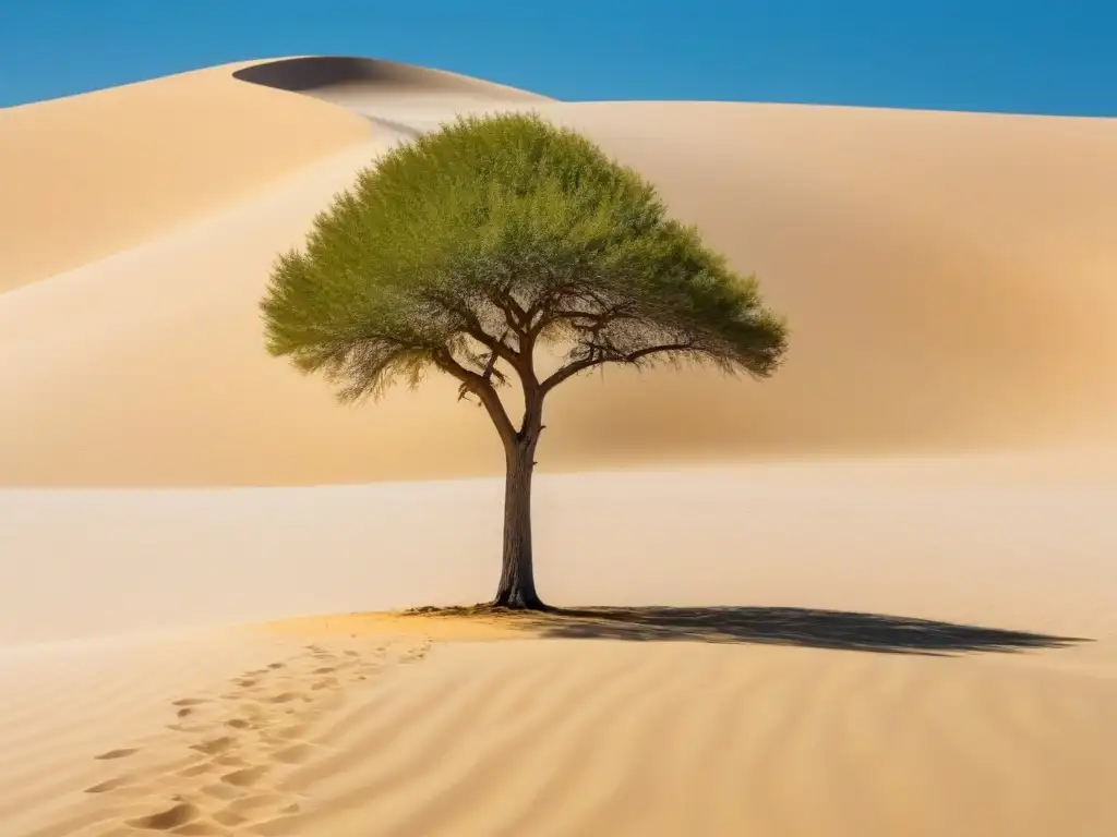 Árbol solitario en desierto dorado, símbolo de resiliencia