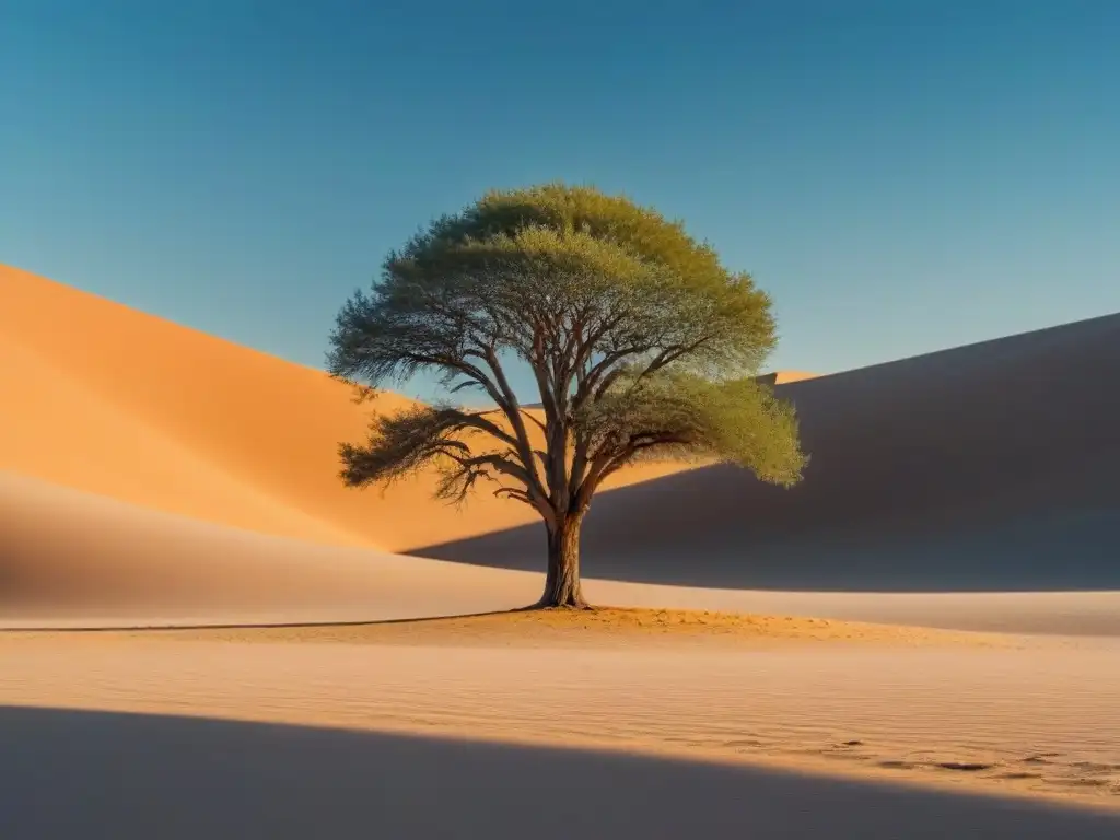 Un árbol solitario destaca en un desierto, simbolizando resiliencia y fuerza en la soledad