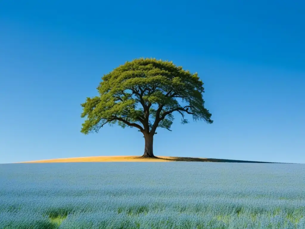 Un árbol solitario se yergue fuerte en un vasto campo bajo cielo azul