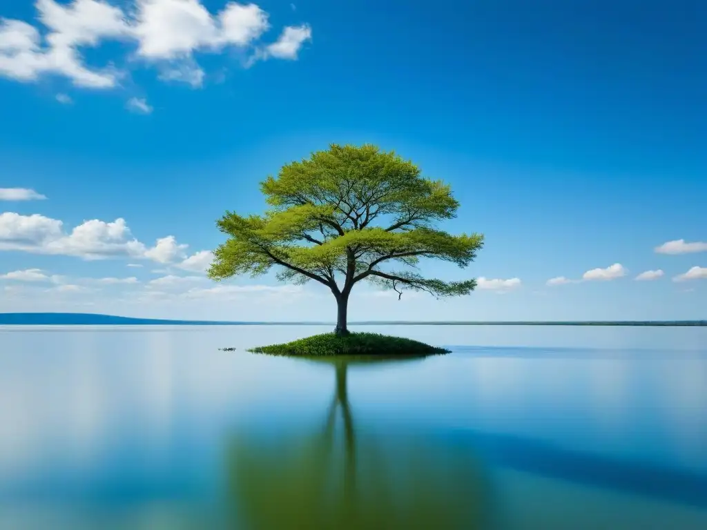 Un árbol solitario destaca en un lago sereno, reflejando fortaleza y resiliencia