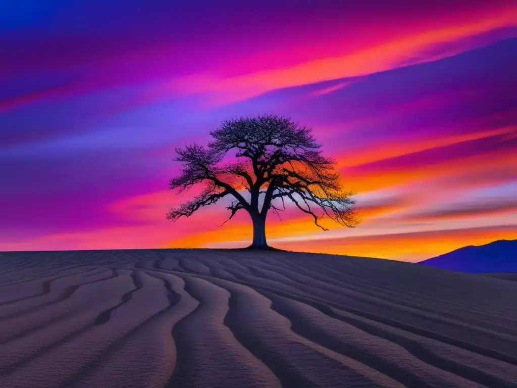 Un árbol solitario destaca en un paisaje árido al atardecer, simbolizando resiliencia en el éxito académico