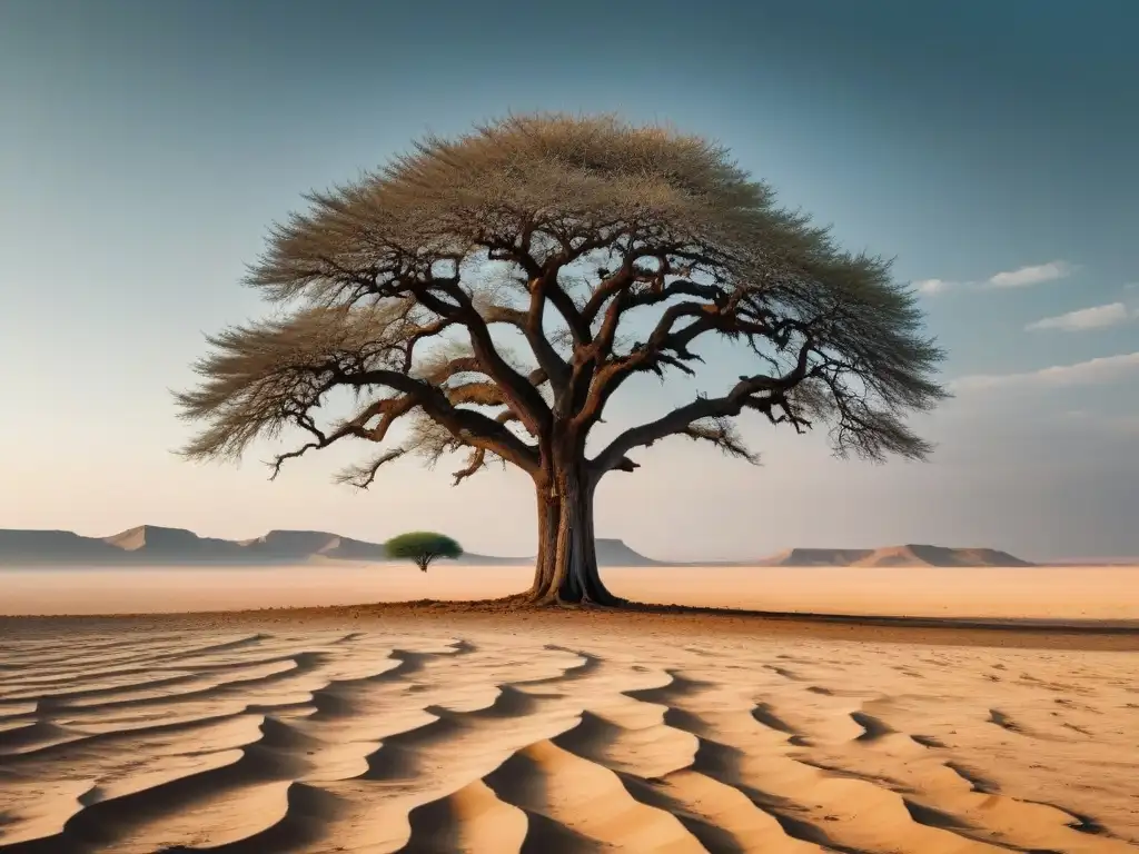 Árbol solitario en tierra árida, símbolo de resistencia y esperanza