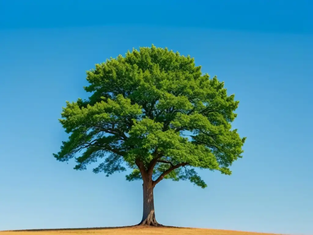 Un árbol verde vibrante se alza contra un cielo azul claro, simbolizando resiliencia a través de las artes