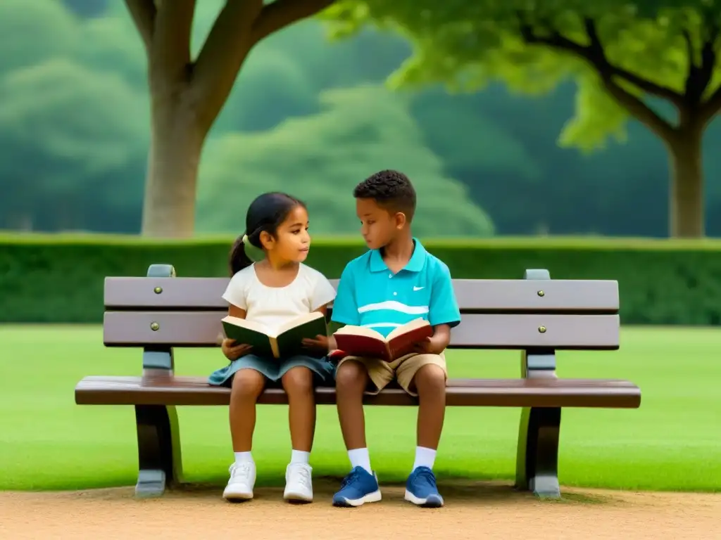 Armoniosa convivencia: dos niños de distintas etnias leyendo en un parque