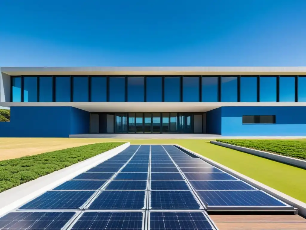 Diseño arquitectónico minimalista y futurista de una escuela en Uruguay, con líneas elegantes y sostenibles, bajo un cielo azul vibrante