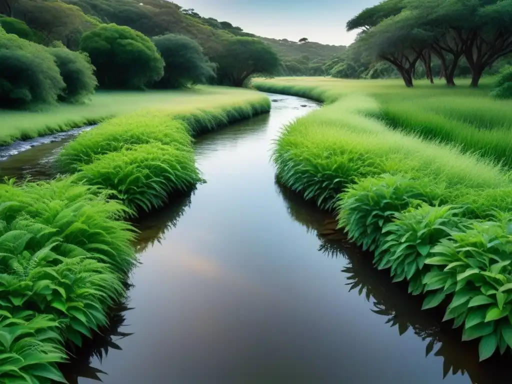 Arroyo cristalino entre vegetación exuberante, reflejando colores vibrantes