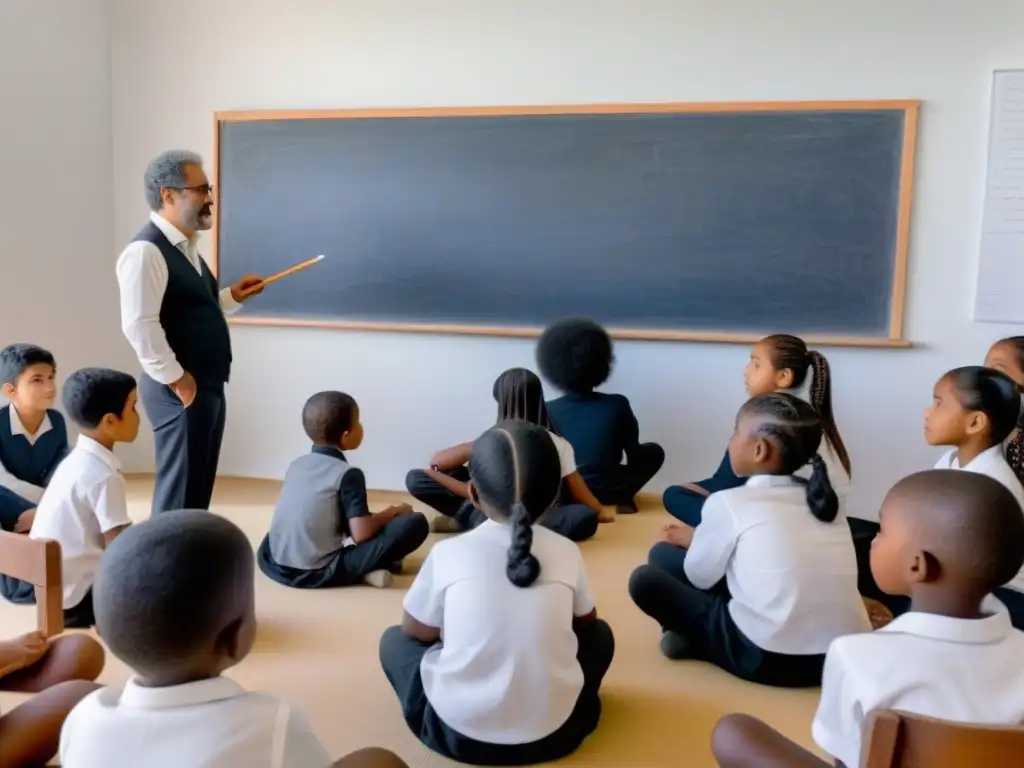 Pedro Figari educación arte cultura: Detallado dibujo de Figari enseñando arte afro-uruguayo a jóvenes diversos en aula minimalista