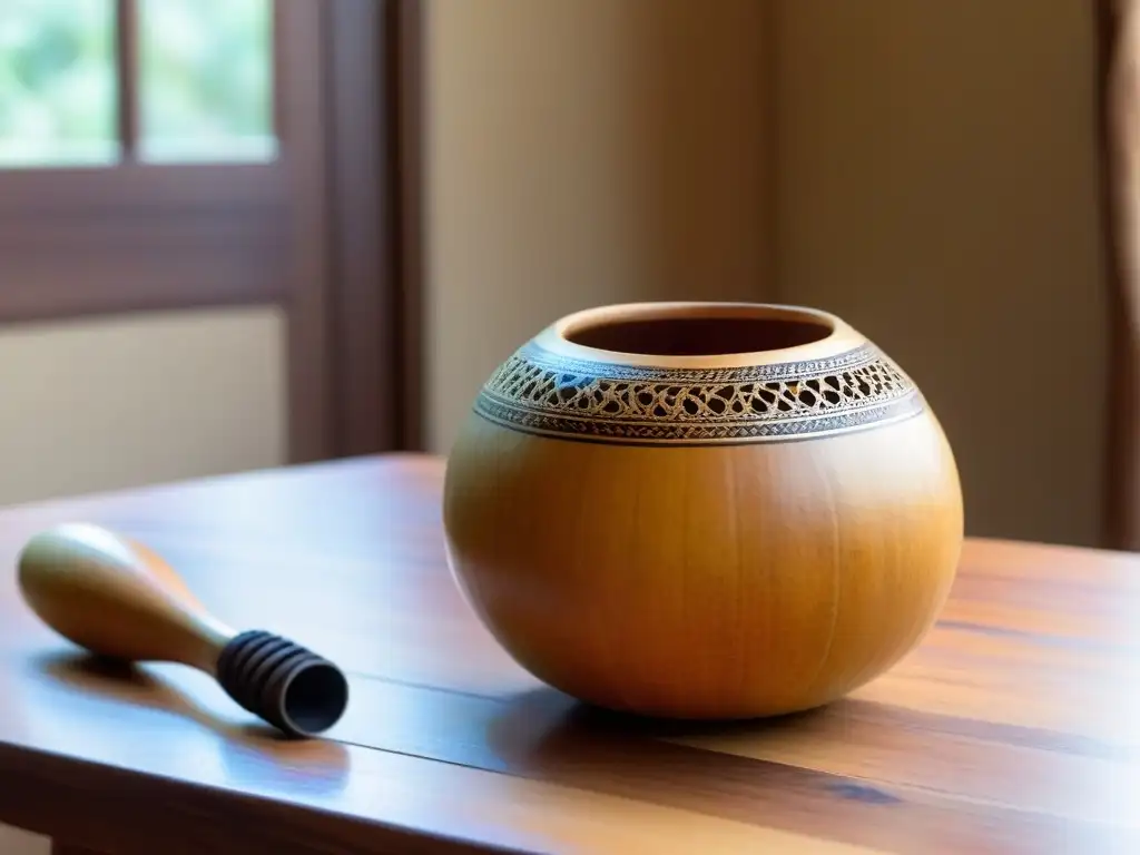 Una artesanía tradicional uruguaya: un mate tallado a mano y una bombilla descansando en una mesa de madera