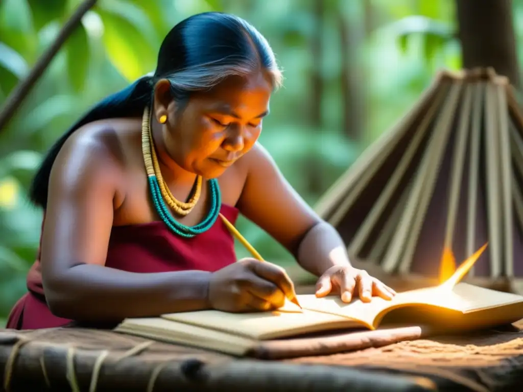 Un artesano indígena crea materiales educativos innovadores en un bosque sereno