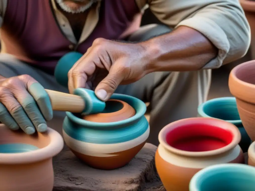 Un artesano uruguayo crea con destreza una colorida pieza de cerámica, rodeado de utensilios y ollas de barro